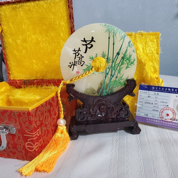 Genuine Jade Display Plate Bamboo Print With Floral Oriental Vase Stand - Picture 7 of 13